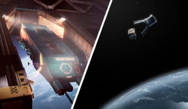 Split image showing space debris cleanup in Hardspace Shipbreaker (L) and an artists rendition of the upcoming Clearspace-1 mission (R).