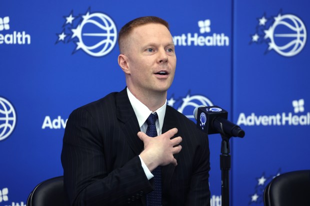 New Orlando Magic head coach Sean Sweeney speaks during a introductory press conference at the AdventHealth Training Center on Thursday. (Stephen M. Dowell/Orlando Sentinel)