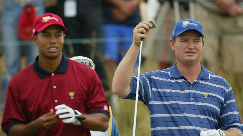 Tiger Woods of USA during this match with Ernie Els of South Africa at The Presidents Cup between USA and The Internatioanl team on the November 23, 2003 at The Links Fancourt Golf Course, George, South Africa