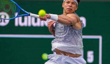 Ben Shelton hits a forehand against Reilly Opelka at the 2026 BNP Paribas Open in Indian Wells.