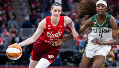 Jul 17, 2026; Indianapolis, Indiana, USA; Indiana Fever guard Caitlin Clark (22) dribbles the ball against Seattle Storm guard Flau'jae Johnson (4) in the second half at Gainbridge Fieldhouse. Mandatory Credit: Trevor Ruszkowski-Imagn Images