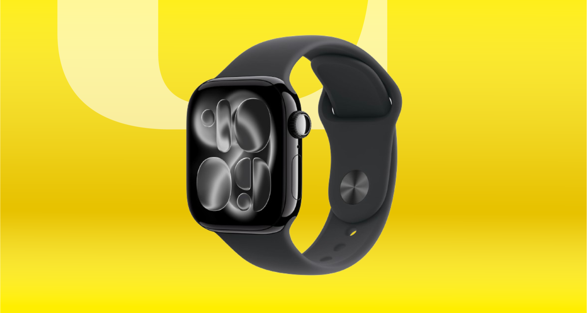 Black Apple Watch Series 11 against yellow CNET background