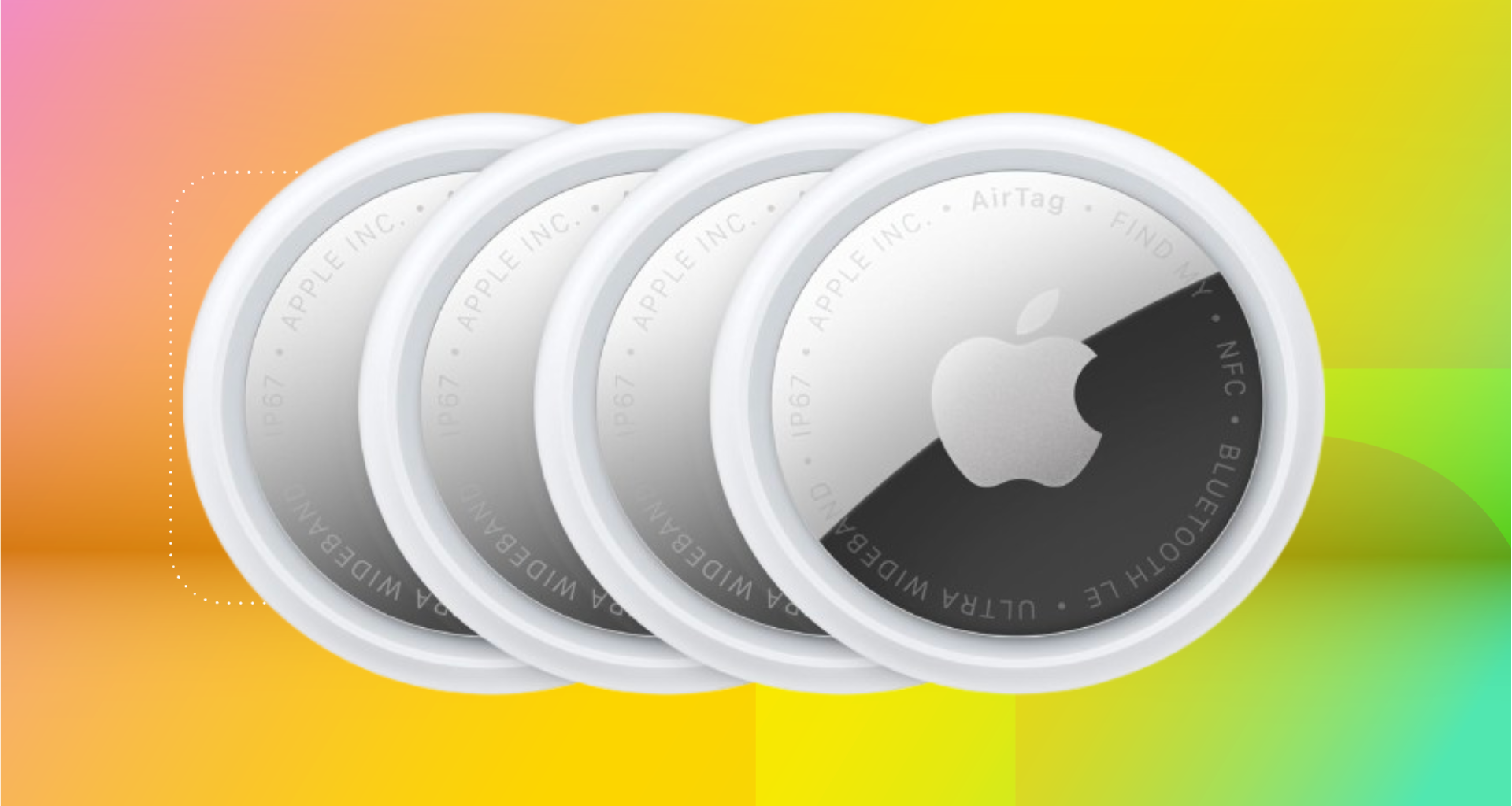 Four Apple AirTags (2nd gen) against coral, yellow and mint green CNET background.