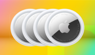 Four Apple AirTags (2nd gen) against coral, yellow and mint green CNET background.
