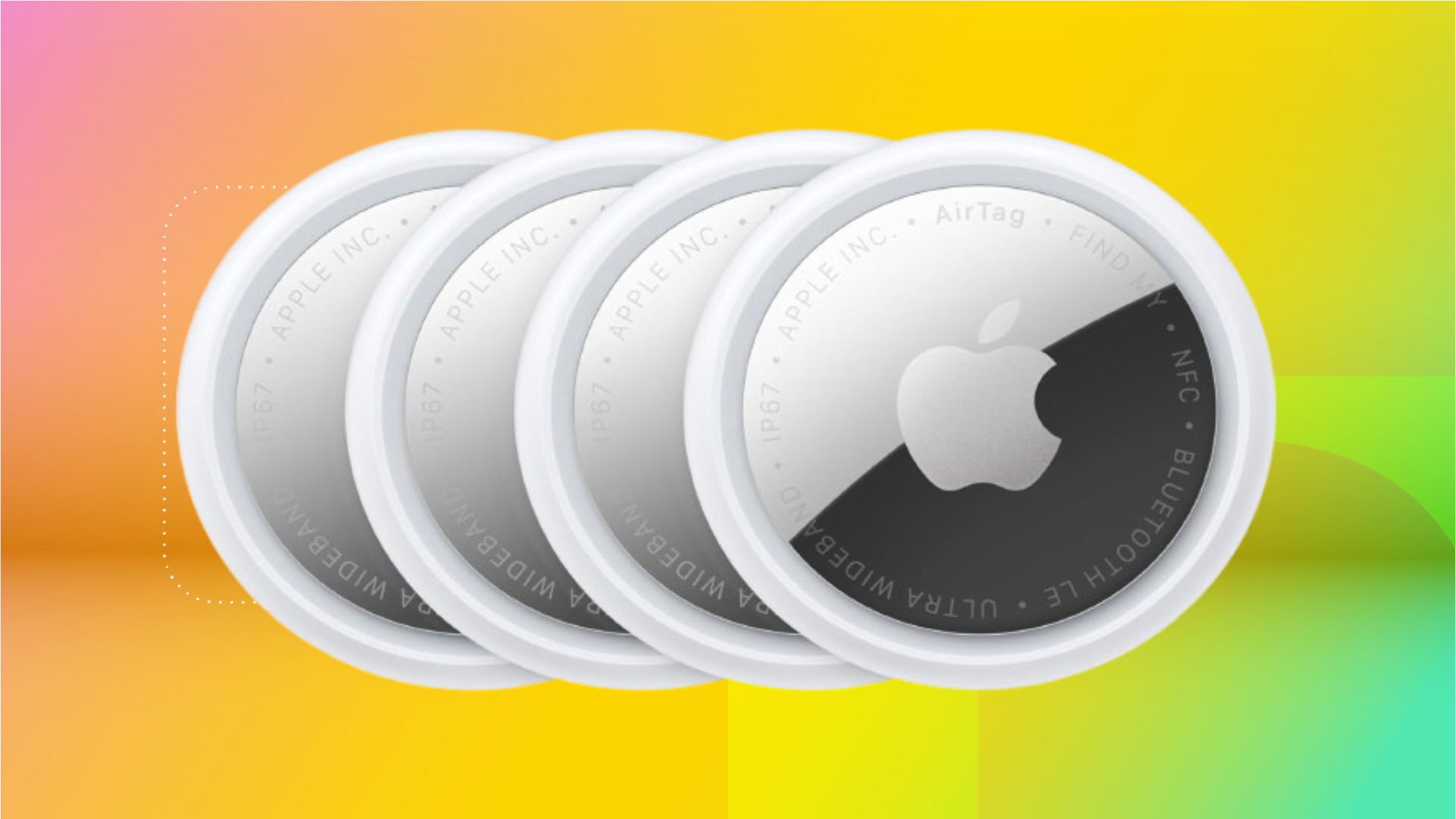 Four Apple AirTags (2nd gen) against coral, yellow and mint green CNET background.