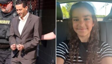 Two panel image. On the left, a handcuffed man being escorted by 2 officers on either side of him. On the right, a selfie of a young girl