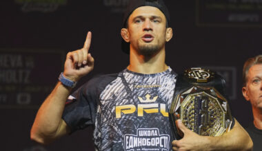 Usman Nurmagomedov poses during the PFL New York ceremonial weigh-ins