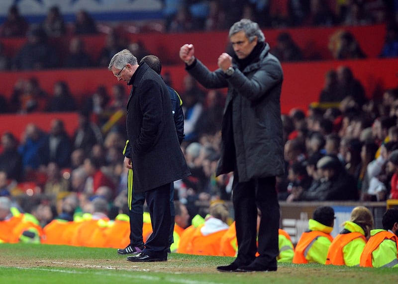 Jose Mourinho celebrates Real Madrid scoring against Ferguson’s United