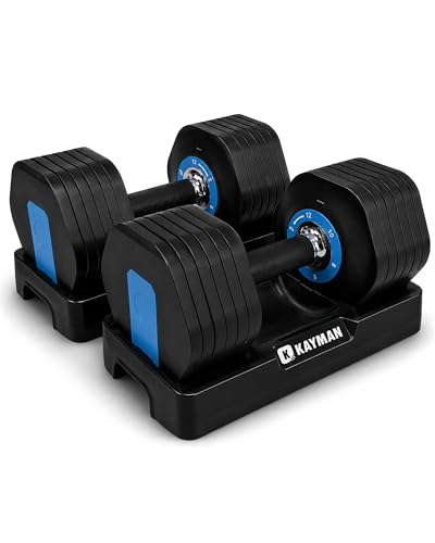 Kayman 24kg Adjustable Dumbbell Set (2x12kg) - 12-In-1 Quick-Dial System With Safety Lock - 6 Adjustable Weight Levels 2/4/6/8/10/12kg - Space Saving Home Gym Strength Training Weights for Men &amp; Women