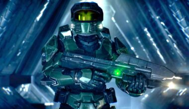 Master Chief wearing green tactical armor and a gold visor, holding a futuristic assault rifle inside a glowing blue geometric corridor structure.