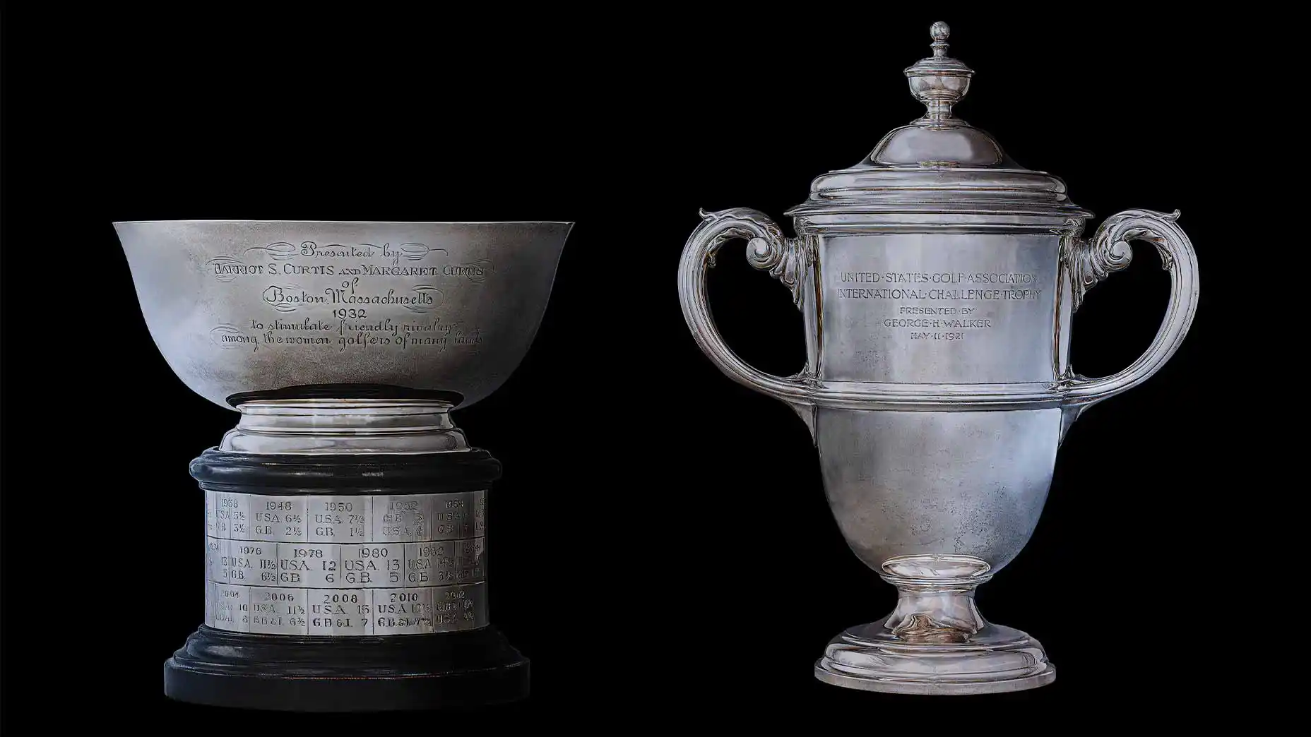 Two antique silver trophies with inscriptions are displayed against a black background. The left trophy is bowl-shaped on a black base with engraved names, reminiscent of prestigious competitions such as the Walker Cup, while the right trophy has ornate handles and a lid.