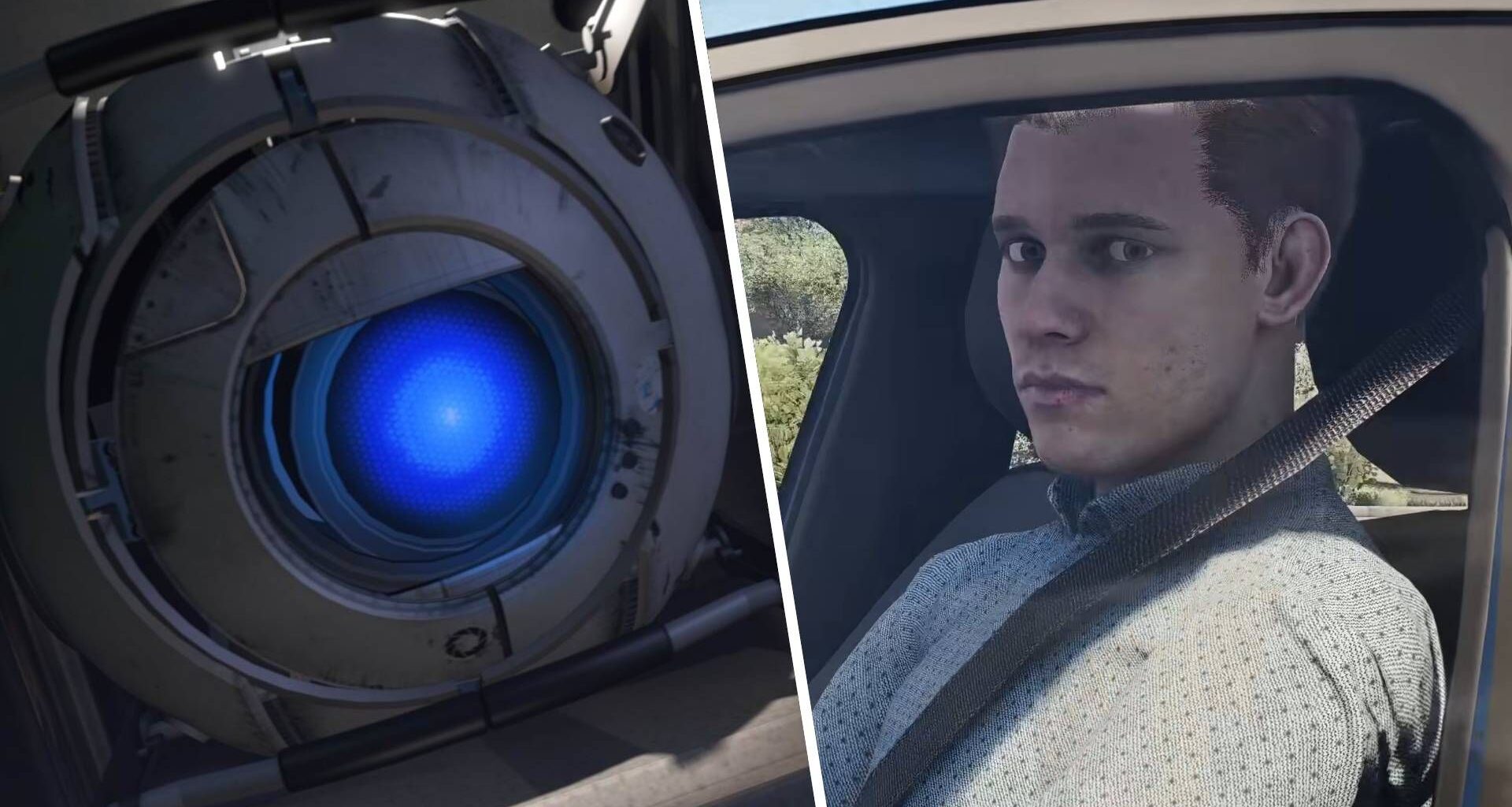 Left: Wheatley from Portal looking suspicious. Right: Rideshare Stimulator guy looking circumspect.