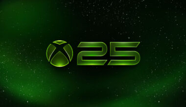 Xbox 25th anniversary logo with bright green glow on a starry dark green background