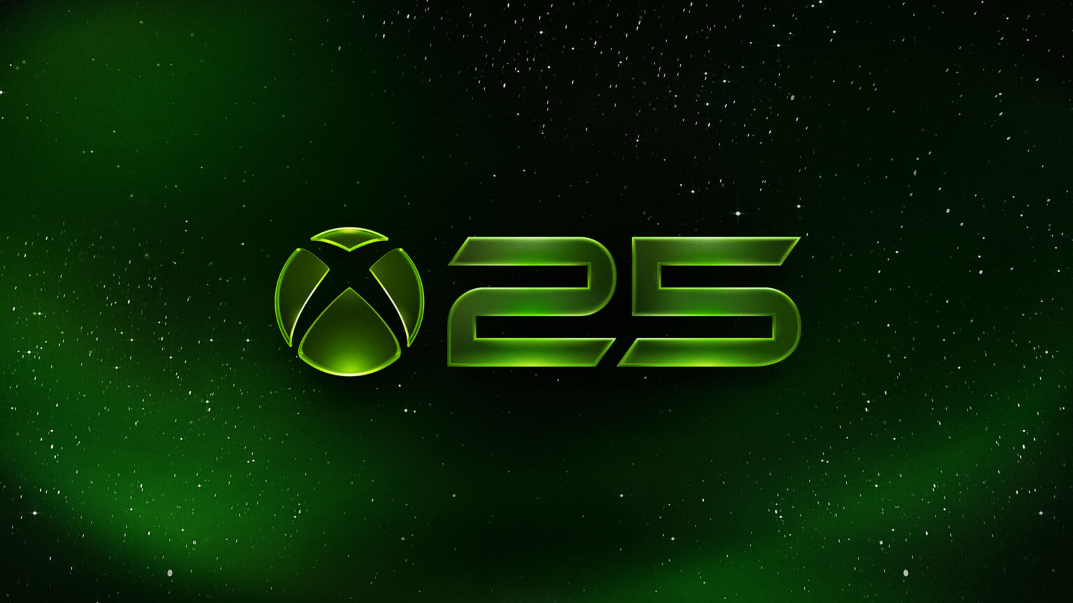 Xbox 25th anniversary logo with bright green glow on a starry dark green background
