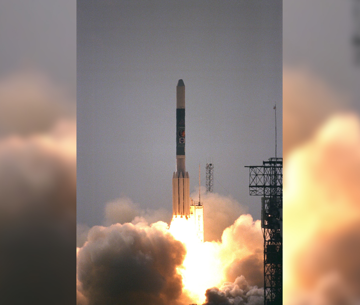 A Boeing Delta II rocket launches NASA's Advanced Composition Explorer satellite from Launch Complex 17A at the Cape Canaveral Air Force Station in Florida on Aug. 25, 1997.