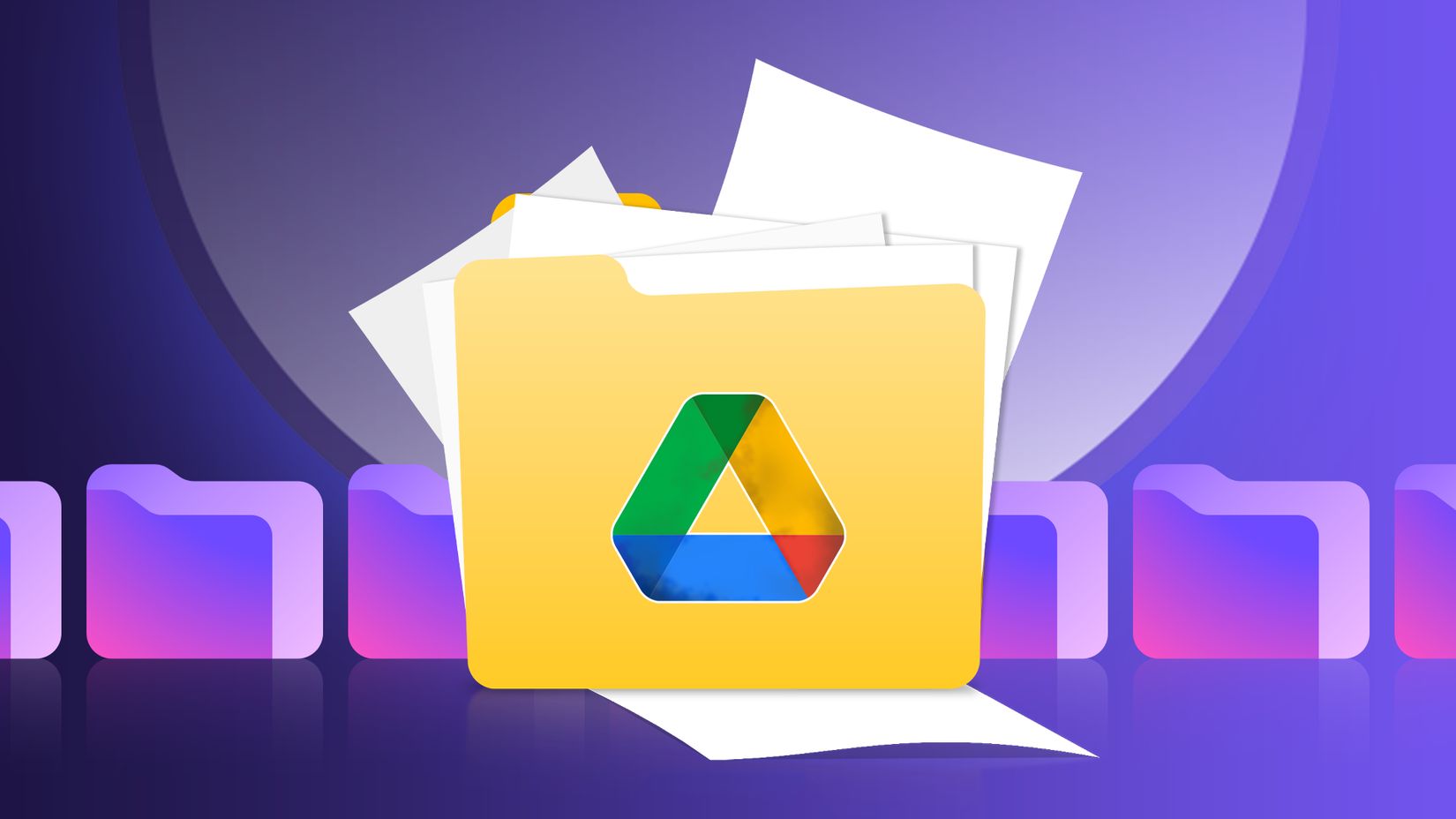 A folder with the Google Drive logo overflows with scattered documents, set against a purple background with Proton Drive icons.