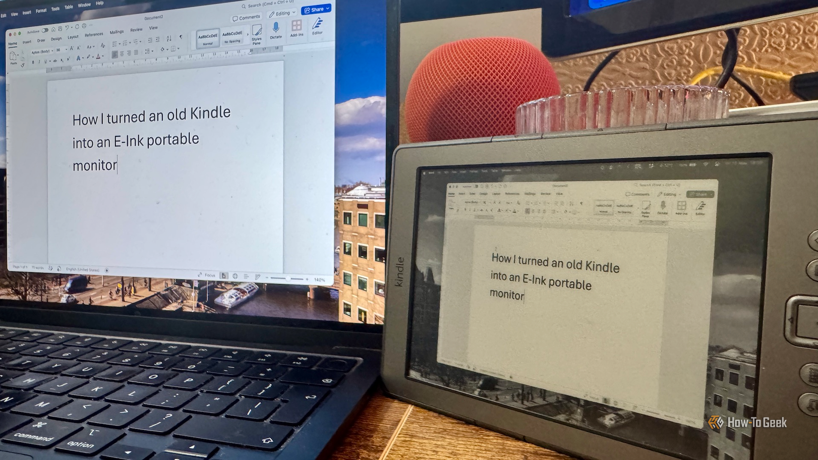 A Kindle 4 mirroring the desktop of a MacBook Air.