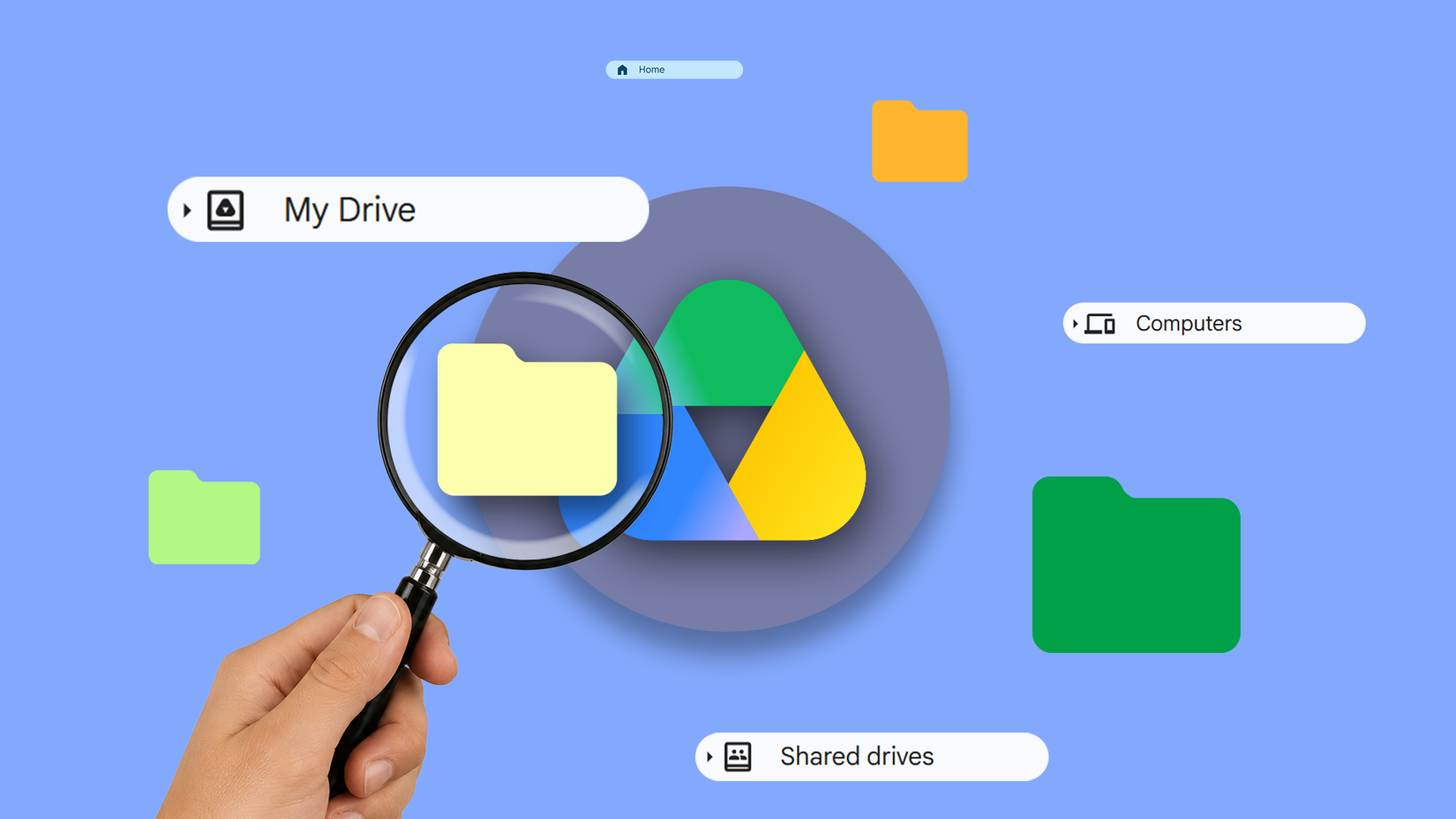 A magnifying glass highlighting a folder over the Google Drive logo