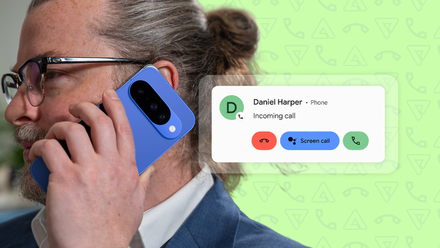 A man holding a blue Pixel phone with an incoming call screen beside him.