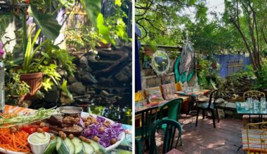 This dreamy Montreal cafe has a hidden garden patio with glowing lights and a koi pond