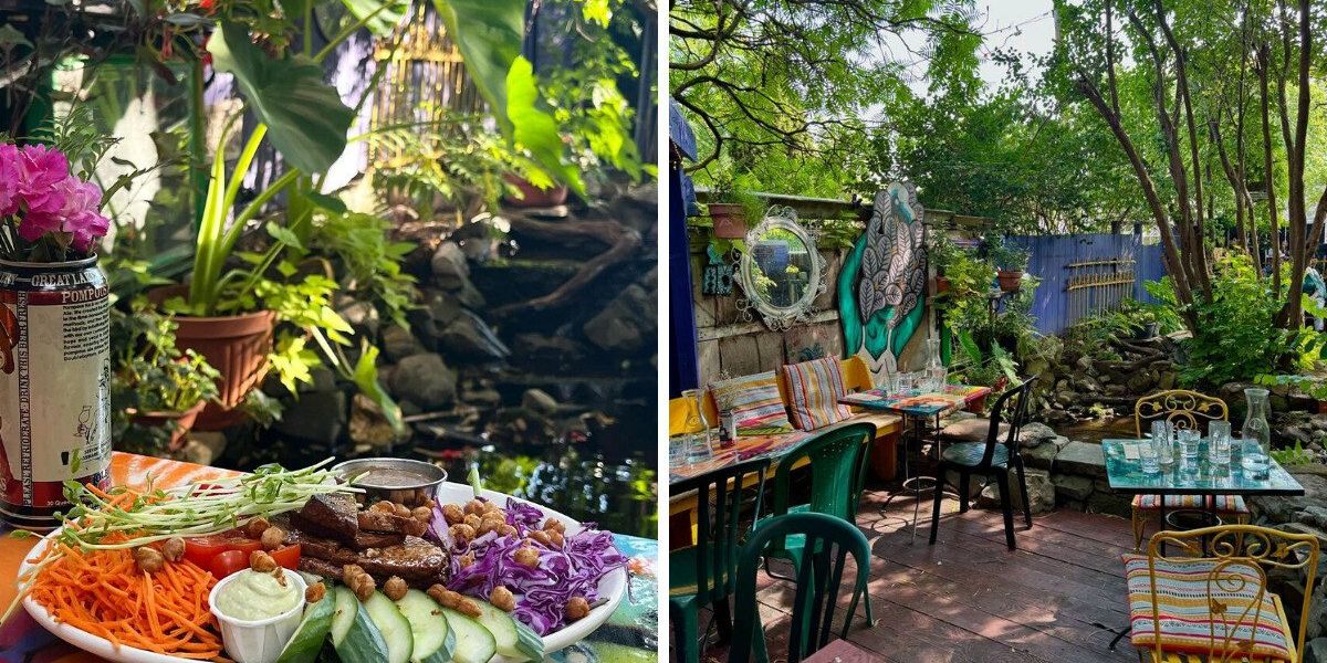 This dreamy Montreal cafe has a hidden garden patio with glowing lights and a koi pond
