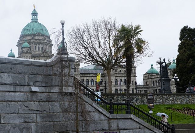 Stairs lead up from the inner harbour towards the B.C. legislature building in Victoria, on Tuesday, April 14, 2026. THE CANADIAN PRESS/Chad Hipolito