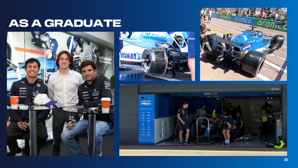 Graduates interacting with F1 team members and showcasing racing cars in various settings.