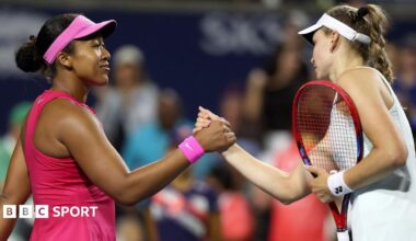 Naomi Osaka and Elena Rybakina clasp hands at the net