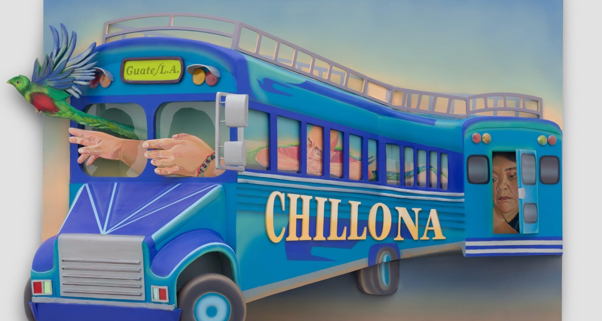 a sculptural painting by Estefania Ajcip of a bus with hands in the front windows and a quetzal leading the way