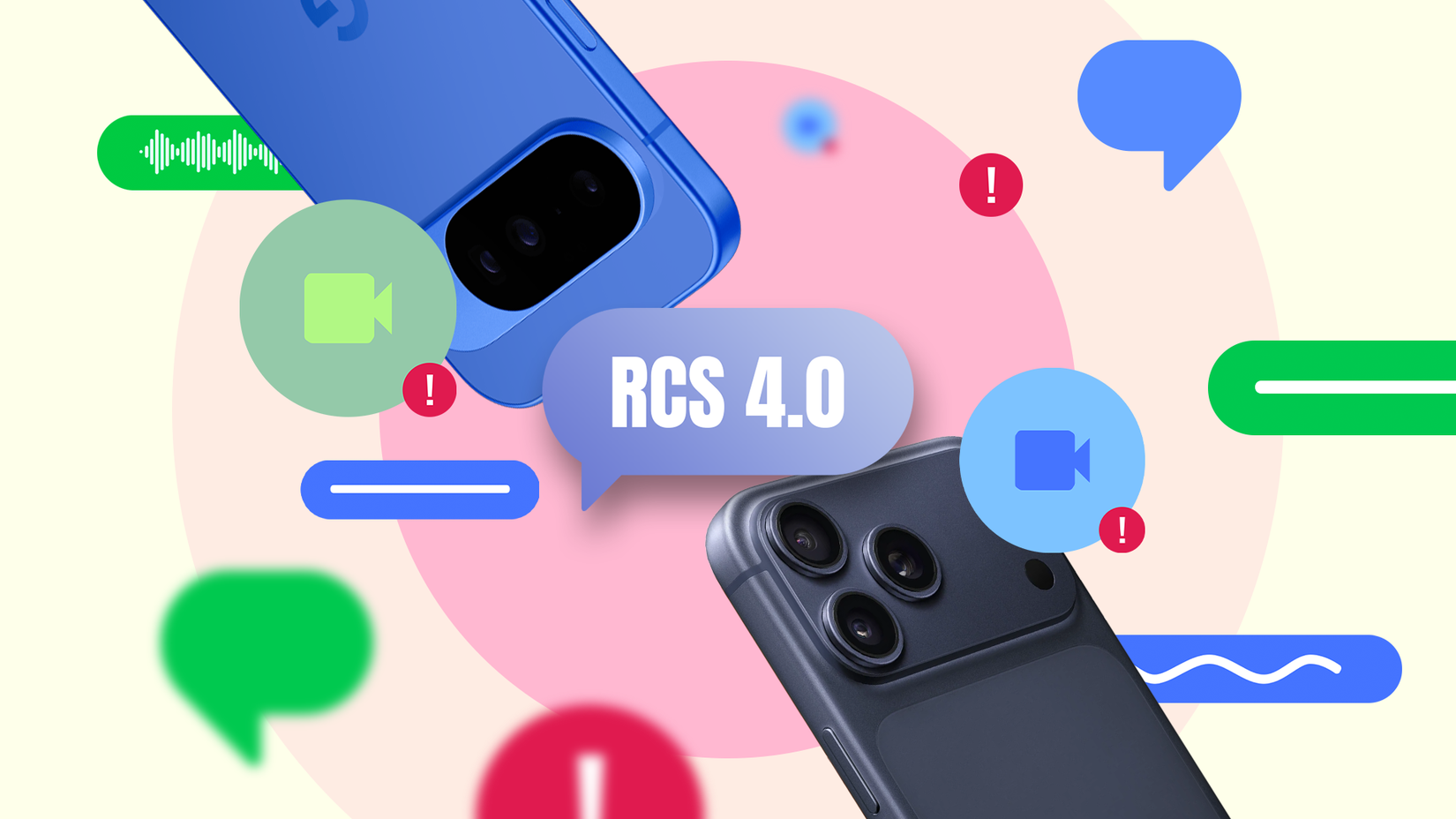 An Android phone and an iPhone framing a central 'RCS 4.0' chat bubble, surrounded by green and blue messaging icons, video call symbols, and red error alerts
