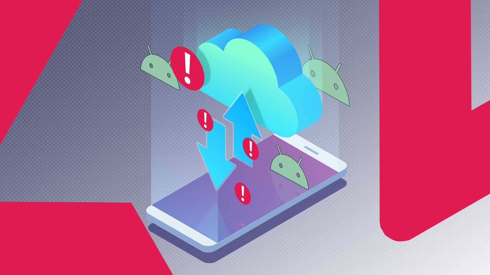 Illustration of a smartphone with a cloud backup icon above it, surrounded by red exclamation marks and Android icons, indicating backup issues
