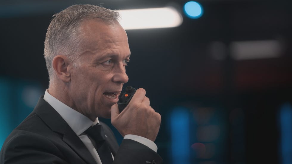 pictured: chief ray howard speaking into radio mic at hunter hq. looking camera right. pictured: chief ray howard speaking into radio mic at hunter hq. looking camera right.