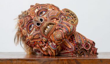 a sculpture by sungho bae of a mixed media head that appears like organs, tissues, and more