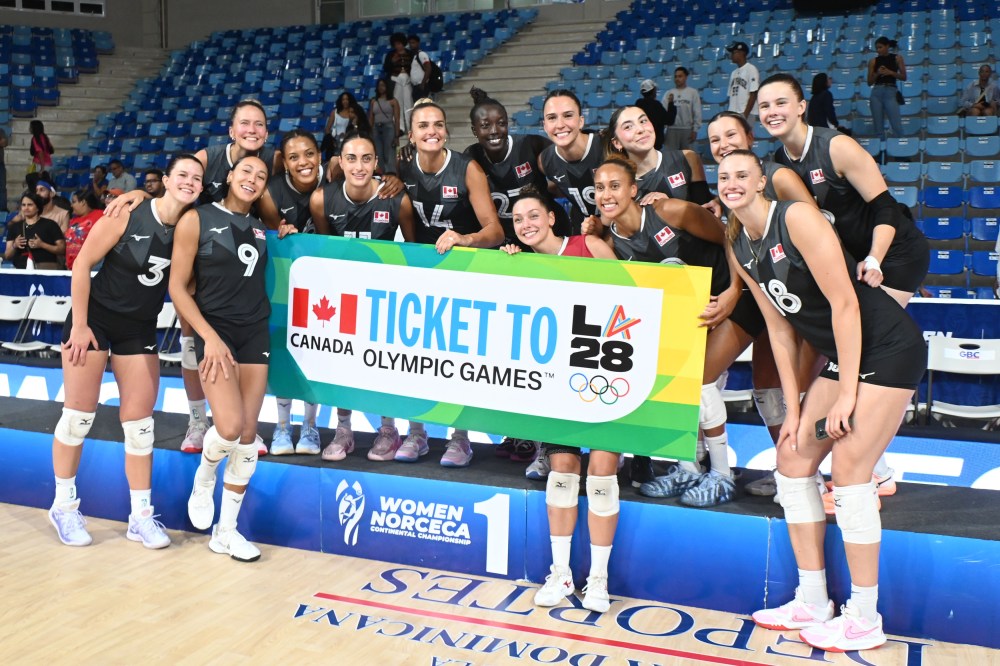 Canada celebrates earning a spot in the 2028 Los Angeles Olympics after defeating the Dominican Republic in the Women's NORCECA Continental Qualifier championship volleyball match in Santo Domingo, Dominican Republic in this Saturday, August 29, 2026 handout photo. THE CANADIAN PRESS/Handout - Volleyball Canada/NORCECA (Mandatory Credit)