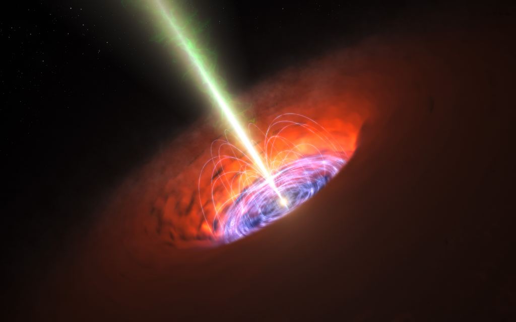 This artist's illustration shows an active galactic nuclei with accretion disk and jets. New research says that under specific disk conditions, giant planets could form in the outer regions of the disk. So could black holes, including the elusive intermediate mass black holes. Image Credit: JAXA.