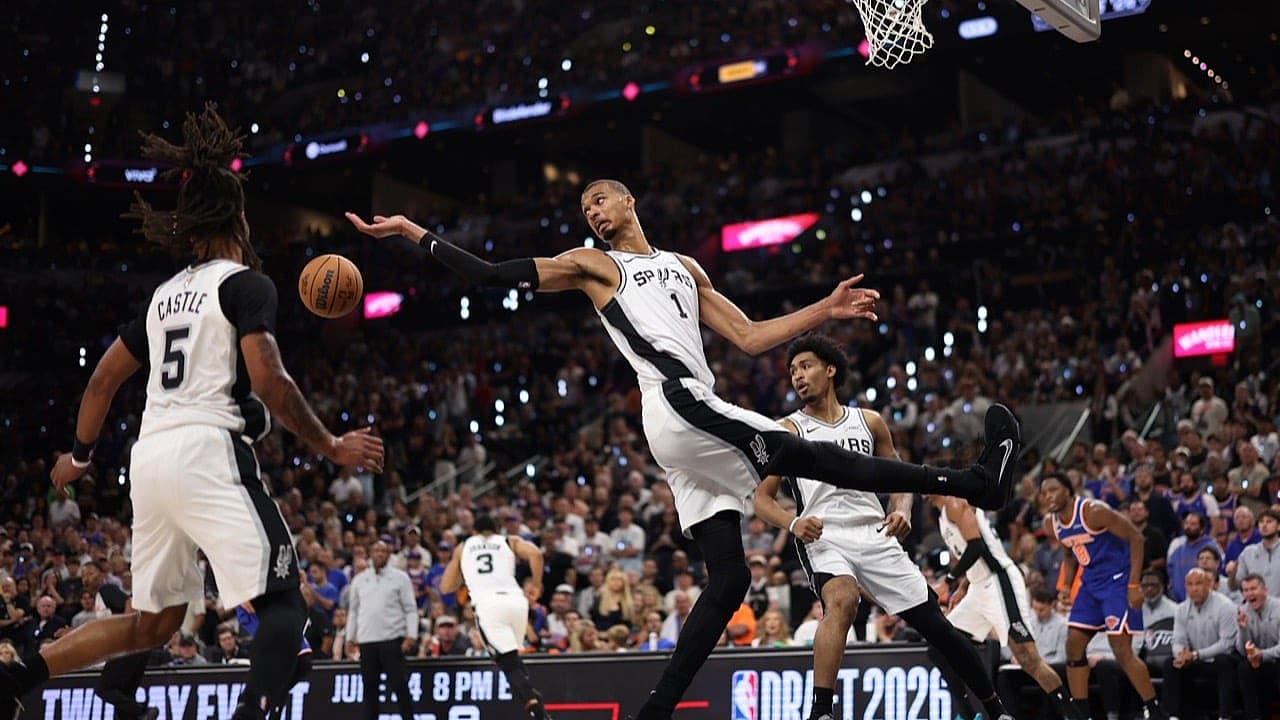 Knicks players defend Spurs forward Victor Wembanyama in the NBA Finals