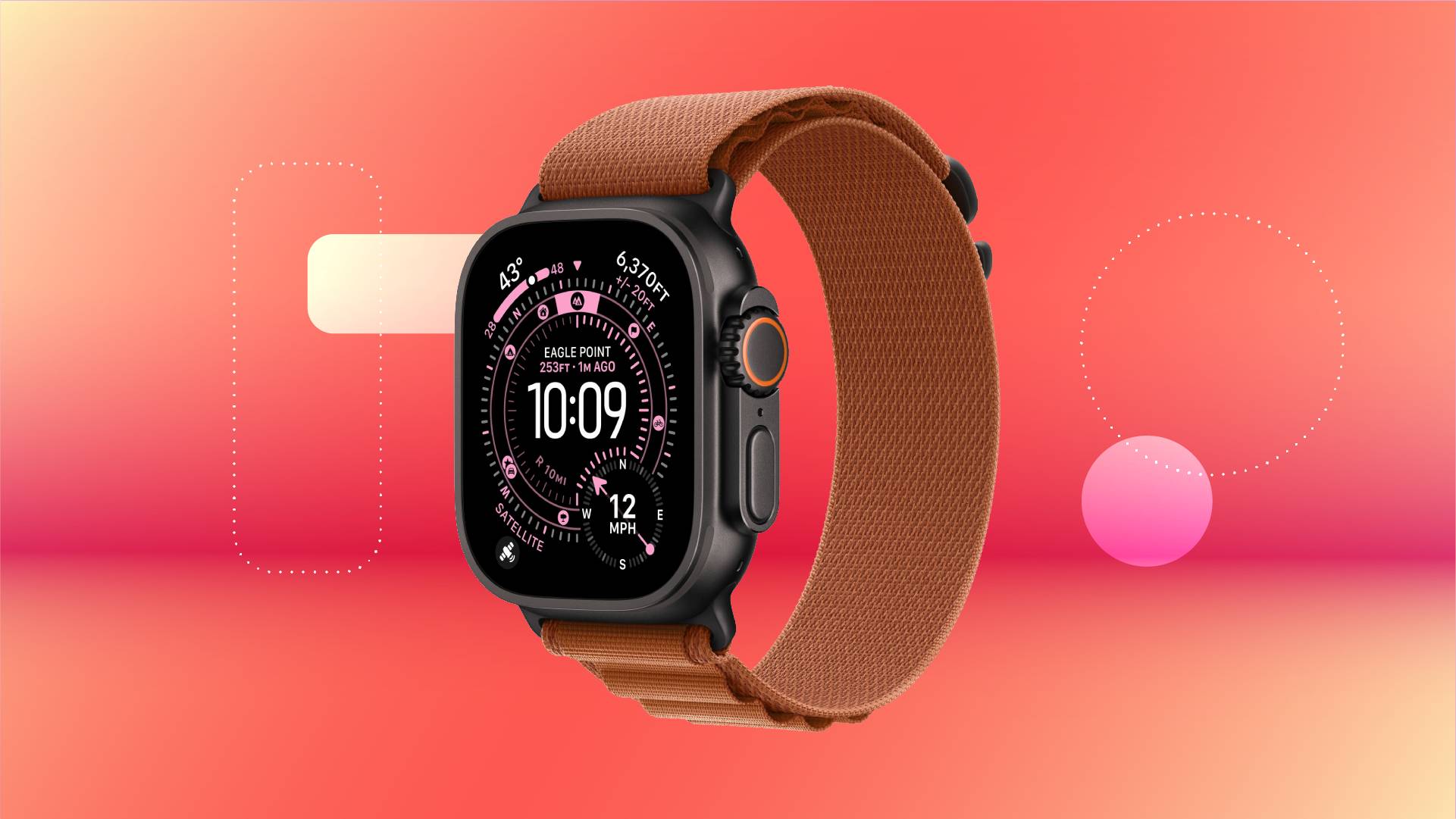 A black Apple smartwatch with a brown band against a red gradient CNET background.