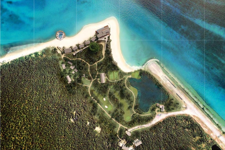 A computer generated image from a bird-eye view of buildings, sorrounded by forests, sand and sea.