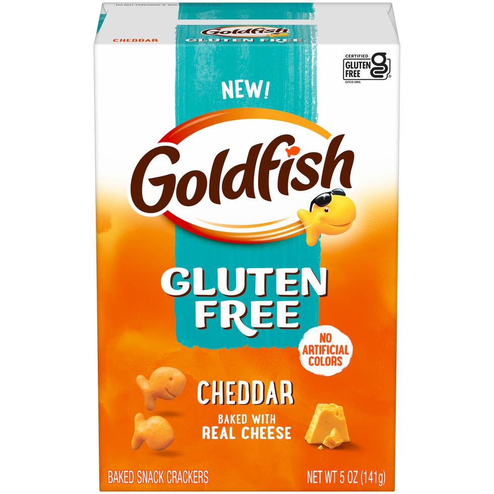 Goldfish Gluten Free Cheddar crackers, baked with real cheese and no artificial colors, in a 5 oz package. Goldfish Gluten Free Cheddar crackers, baked with real cheese and no artificial colors, in a 5 oz package.