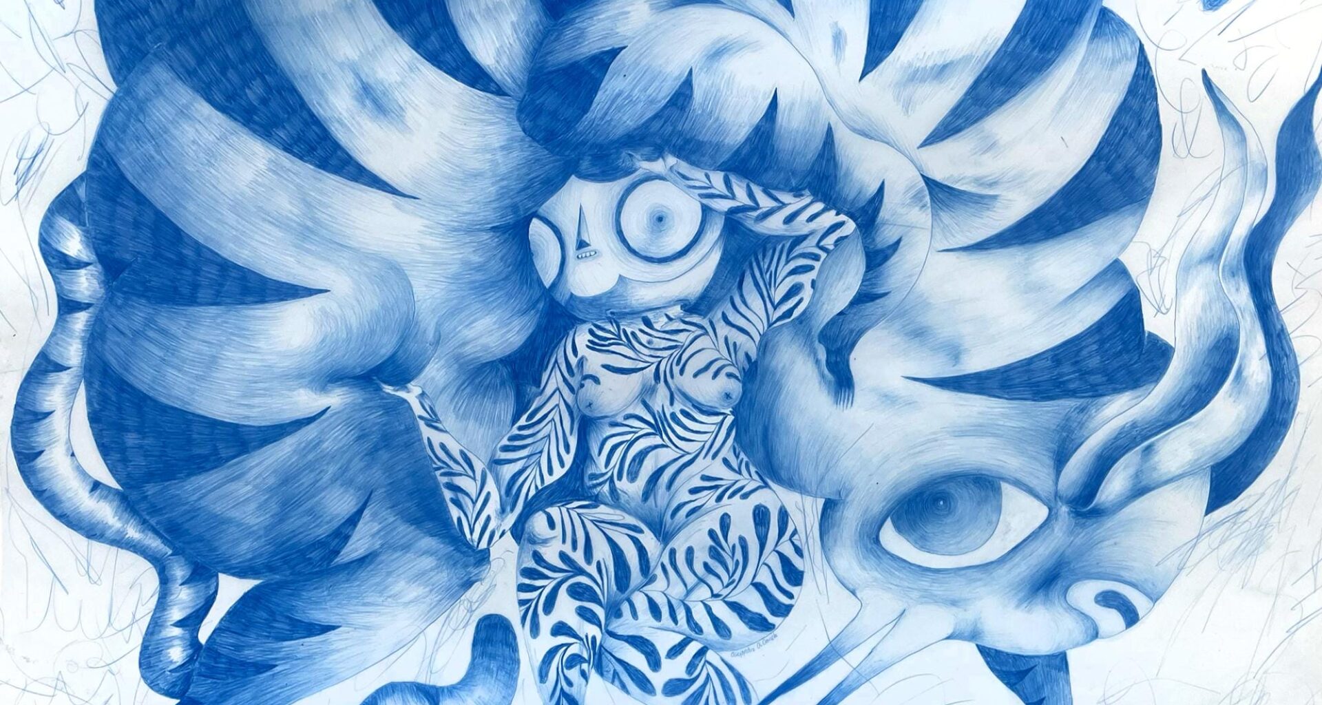 a graphite drawing by Alejandro Aguilar Canela depicting an abstracted form covered in floral patterns being engulfed by a large creature with tiger-like stripes