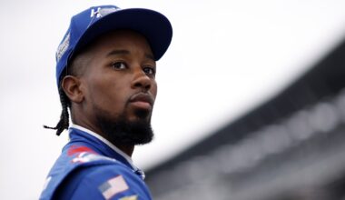 Rajah Caruth, driver of the #32 HendrickCars.com Chevrolet, looks on during qualifying for the NASCAR O'Reilly Auto Parts Series Pennzoil 250 Presented by Take 5 Oil Change at Indianapolis Motor Speedway on July 25, 2026 in Indianapolis, Indiana. (Photo by Sean Gardner/Getty Images)