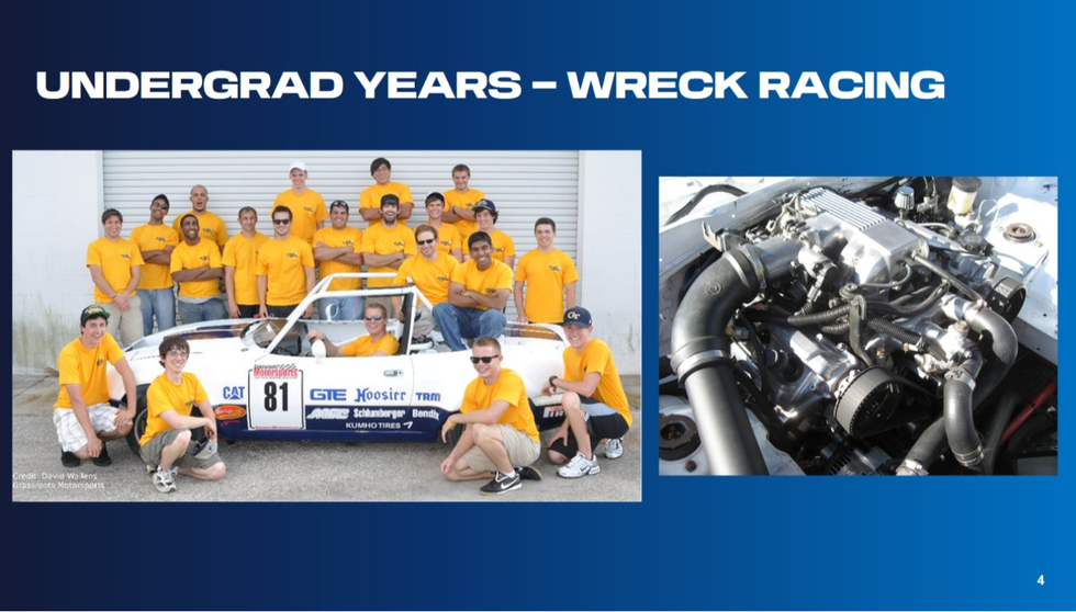 Group of students in yellow shirts with a race car and an engine close-up, highlighting their involvement in wreck racing. Group of students in yellow shirts with a race car and an engine close-up, highlighting their involvement in wreck racing.