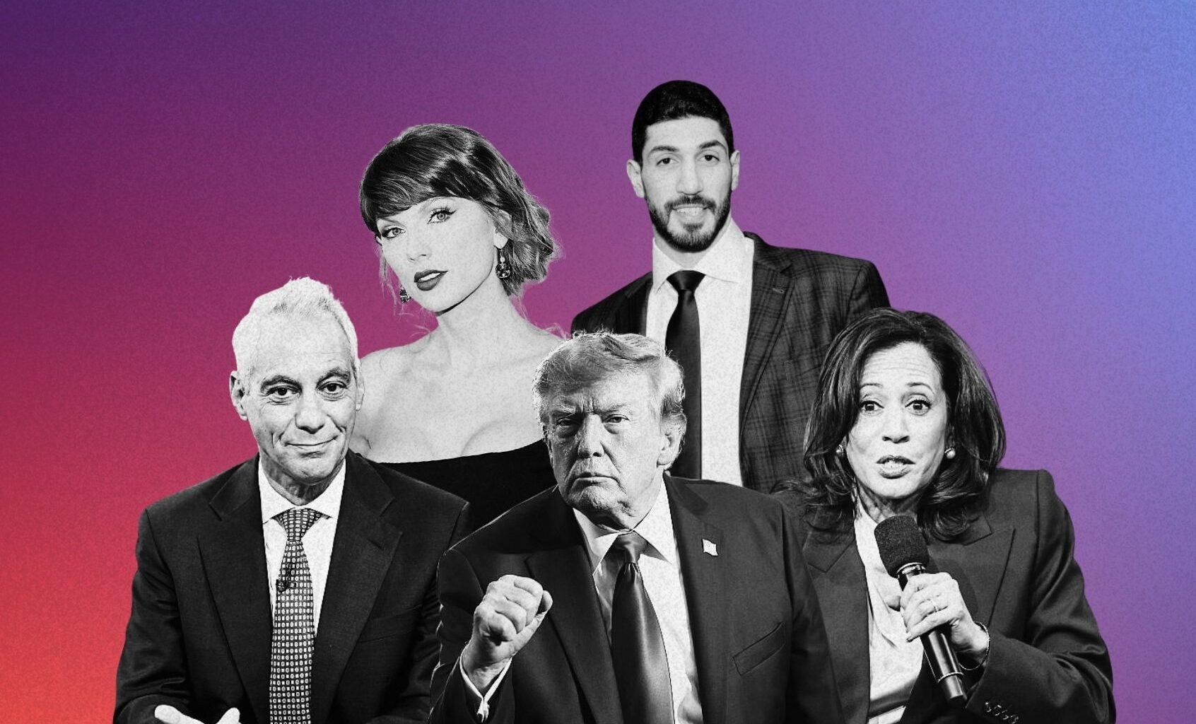 Rahm Emanuel, Taylor Swift, Enes Kanter Freedom, Donald Trump and Kamala Harris (Illustration by Salon / Getty Images / Shannon Finney / Win McNamee / Christian Bruna / Jared Siskin / Patrick McMullan / Jamie McCarthy)