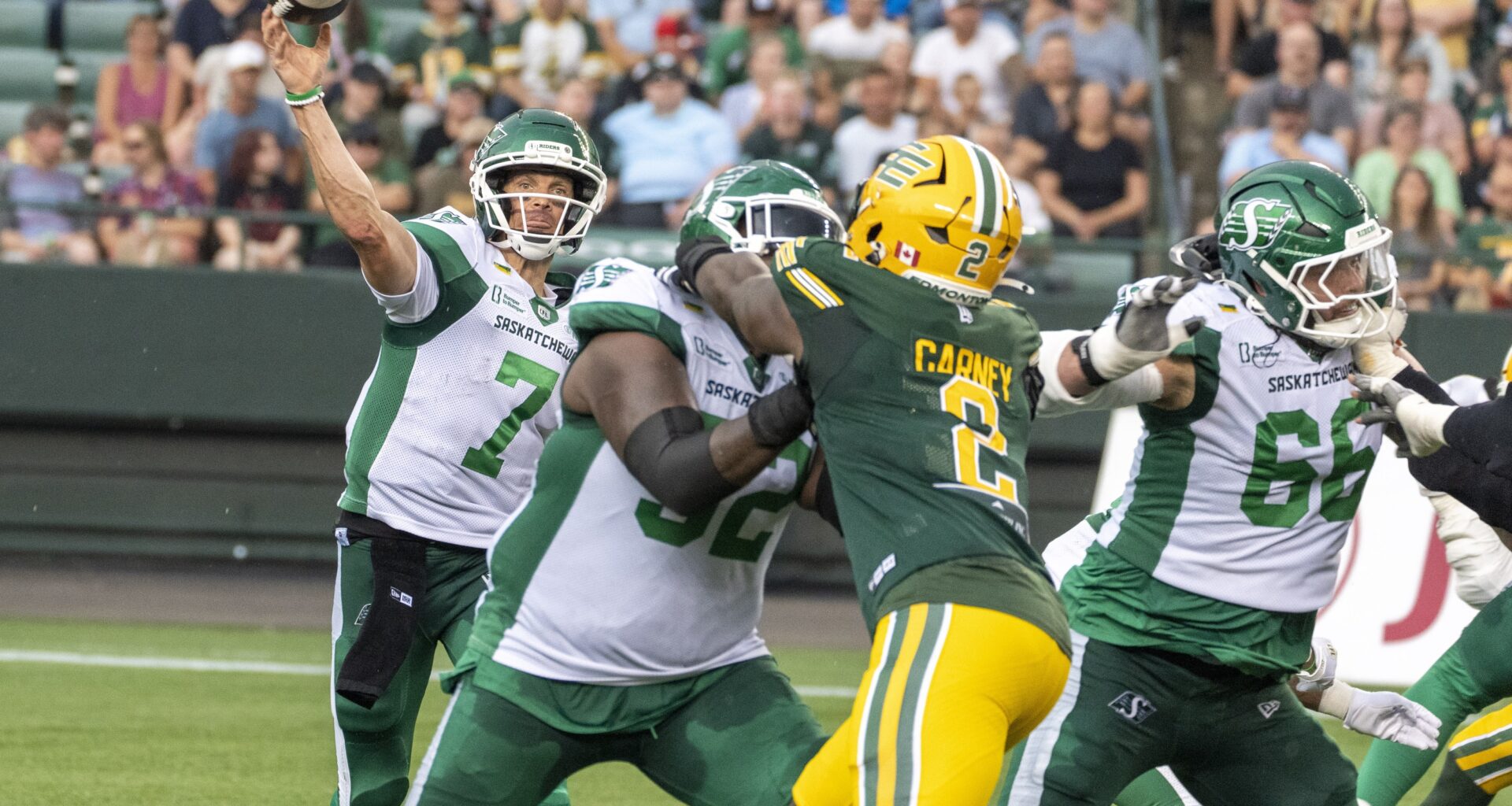 Saskatchewan Roughriders quarterback Trevor Harris (7) throws the ball against the Edmonton Elks during CFL action on Saturday, August 1, 2026 in Edmonton. Greg Southam-Postmedia