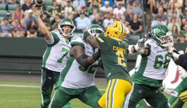 Saskatchewan Roughriders quarterback Trevor Harris (7) throws the ball against the Edmonton Elks during CFL action on Saturday, August 1, 2026 in Edmonton. Greg Southam-Postmedia