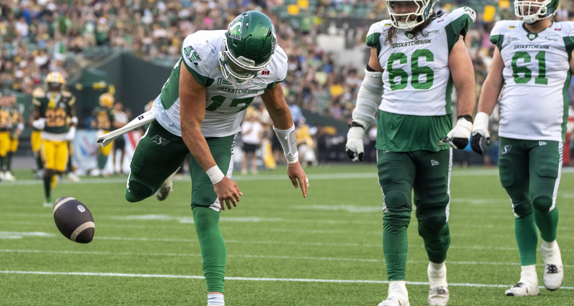 Saskatchewan Roughriders quarterback Tommy Stevens (17) spikes the ball after making a touchdown on the Edmonton Elks during CFL action on Saturday, August 1, 2026 in Edmonton. Greg Southam-Postmedia