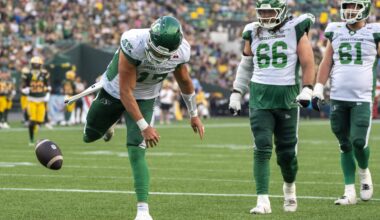 Saskatchewan Roughriders quarterback Tommy Stevens (17) spikes the ball after making a touchdown on the Edmonton Elks during CFL action on Saturday, August 1, 2026 in Edmonton. Greg Southam-Postmedia