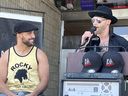 Tony Luis (seated) and Joe Bowman at the Chucklez N' Knucklez Live press conference Monday at the Cornwall Civic Complex front steps. Photo on Monday, May 29, 2023, in Cornwall, Ont. Todd Hambleton/Cornwall Standard-Freeholder/Postmedia Network