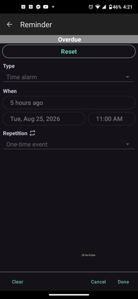 Android phone showing ColorNote Calender settings for an entry marked as overdue
