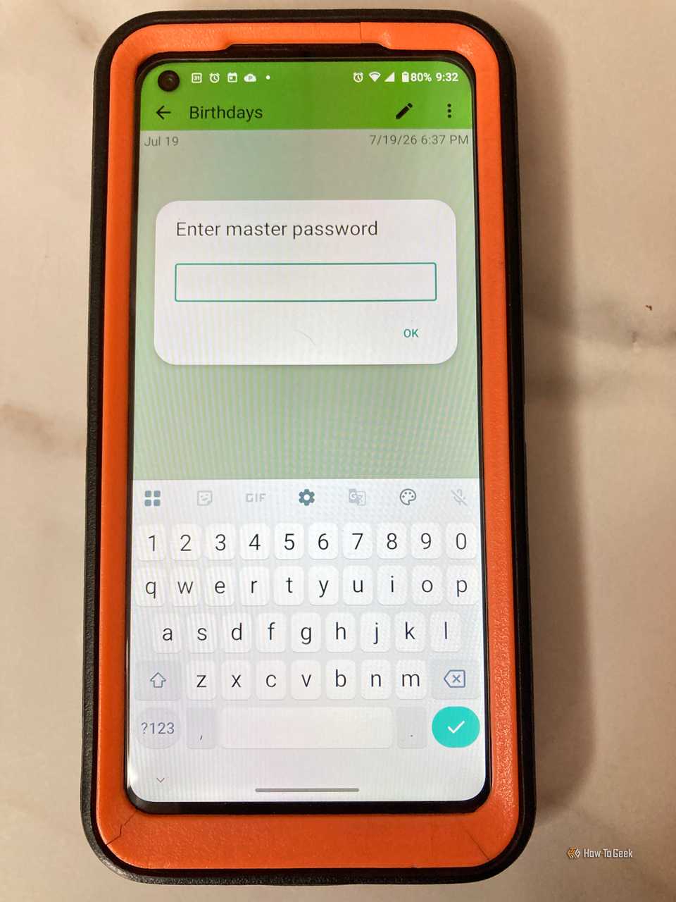 ColorNote app displaying the password screen to access a specific note